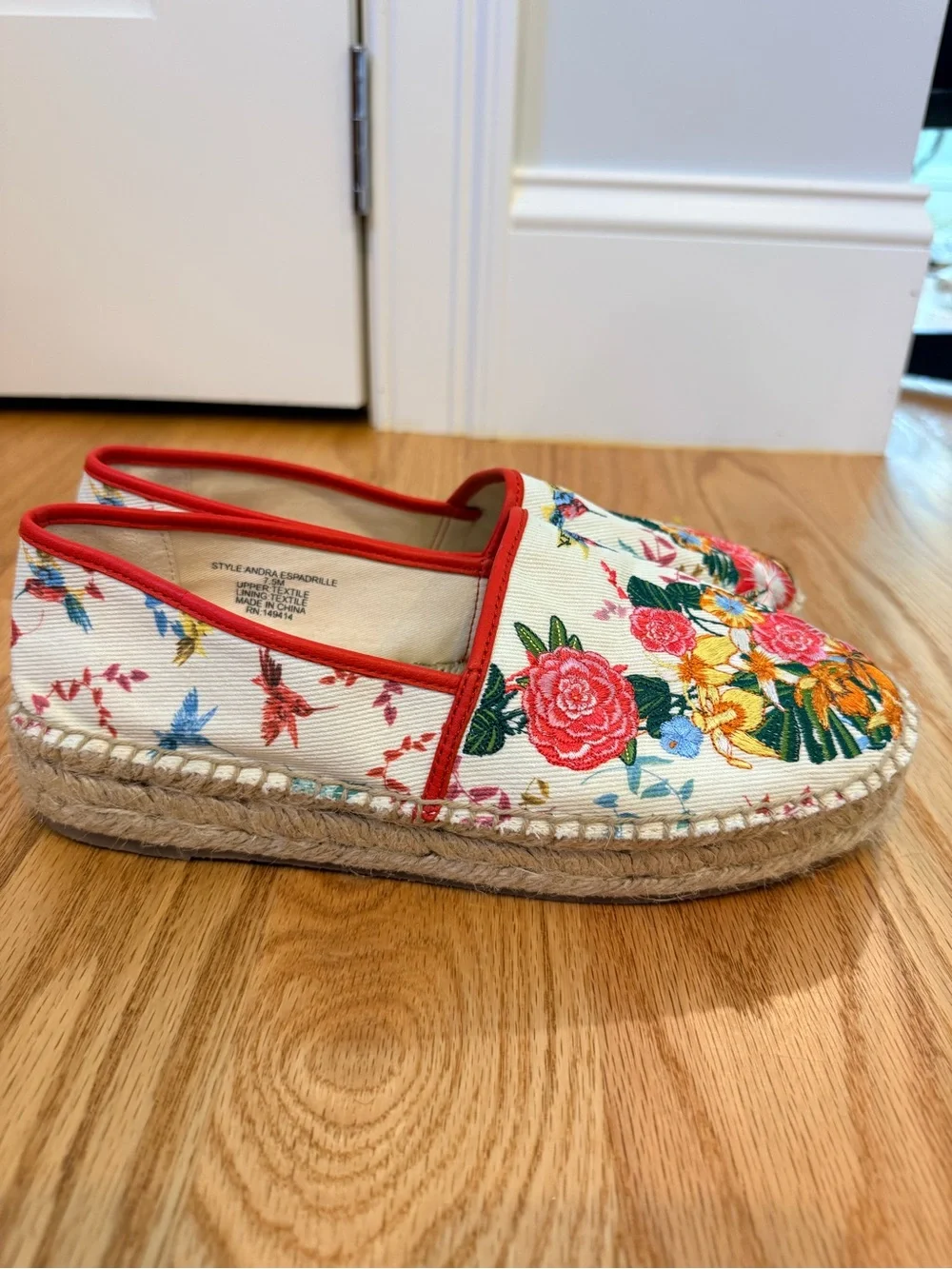 Johnny Was Andra Floral Embroidered Espadrilles in Cream and Red Trim